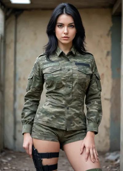 soldier girl with black hair 17 years old, slim, erotica, military camouflage, legs wide, photorealism, ukruniform22, <lora:UkrLoraXL-000004:.8>