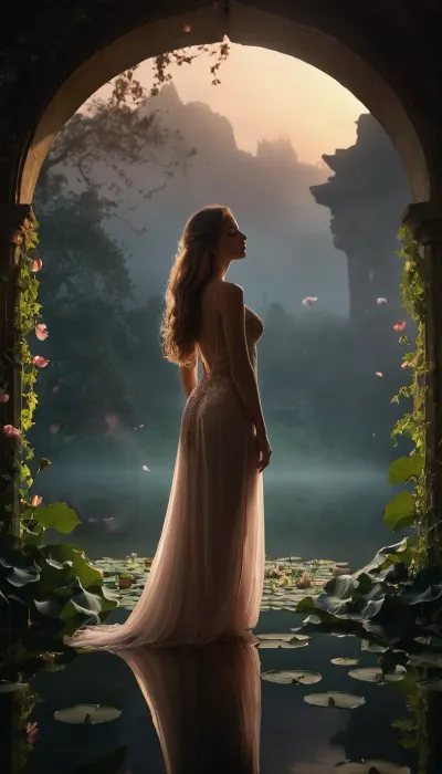 Ethereal, full-length illustration of a fragile, graceful woman standing in a misty, moonlit clearing, (double exposure:1.4), with her silhouette dissolving into a blooming night garden, (inside, glowing lotus flowers floating on still water, ancient stone arches covered in ivy, soft bioluminescent light:1.2), sheer ivory robe with floral embroidery barely concealing her figure, one shoulder slightly exposed, long hair flowing like silk in the mist, (subtle blush on cheeks, closed eyes, serene expression), surrounded by floating petals, soft golden-pink backlighting, cinematic chiaroscuro, isolated against a lavender haze, super-detailed skin texture, dreamlike atmosphere, (sensual yet innocent:1.3), 8K resolution, Unreal Engine 5 render, <lora:767128_training_data:.8>, a, double, exposure, photo, of, in, the, style, dan-mountford, <lora:dan-mountford-flux1-dev-v1-000068:.8>