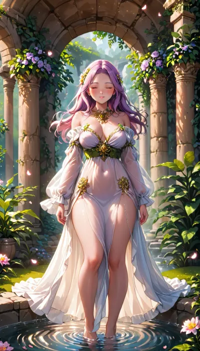 Ethereal, full-length illustration of a fragile, graceful woman standing in a misty, moonlit clearing, (double exposure:1.4), with her silhouette dissolving into a blooming night garden, (inside, glowing lotus flowers floating on still water, ancient stone arches covered in ivy, soft bioluminescent light:1.2), sheer ivory robe with floral embroidery barely concealing her figure, one shoulder slightly exposed, long hair flowing like silk in the mist, (subtle blush on cheeks, closed eyes, serene expression), surrounded by floating petals, soft golden-pink backlighting, cinematic chiaroscuro, isolated against a lavender haze, super-detailed skin texture, dreamlike atmosphere, (sensual yet innocent:1.3), 8K resolution, Unreal Engine 5 render, <lora:767128_training_data:.8>, a, double, exposure, photo, of, in, the, style, dan-mountford, <lora:dan-mountford-flux1-dev-v1-000068:.8>