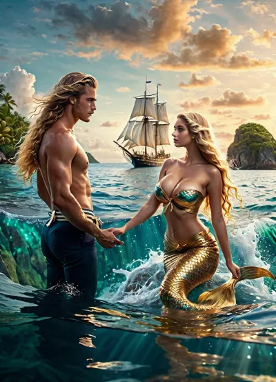 Full-color image, 8K quality, dark fantasy style, 1man, 1woman, tropical island bay, a sailing ship visible in the distance, a, ((young sailor male)), standing waist-deep in the water, reaching out to a beautiful mermaid, ((mermaid with long golden hair and large bare breasts)), side view, full body in frame, <lora:187699_training_data:.8>