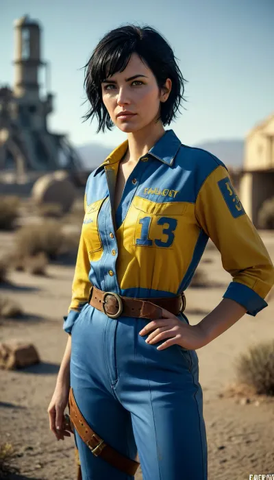 short black hair, Fallout game universe, in post nuclear desert, woman short unbuttoned blue work jumpsuit, number 13 in yellow letters on the back, leather belt, combat boots, raw, <lora:MJ52:.8>, Portrait, professional, color, grading, <lora:208210_training_data:.8>