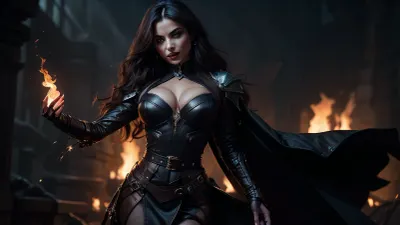 A beautiful, sexy, alluring dangerous-looking sorceress stands confidently, full-bodied and curvy. Her captivating gaze is set off by dark brown braided hair and pale skin. Her deep-set eyes glow bright yellow in the dark, and her full black lips form a knowing grin. She wears a tight, form-fitted mercenary button-up top with ample cleavage and a dark leather jacket and a thick belt that highlights her waist. Her dynamic pose features an upturned hand engulfed in magical flames of purple, blue, and orange. Dramatic, warm light illuminates the scene, casting evocative shadows in a cavernous, dimly lit environment. The background reveals flickering flames and small, indistinct figures in the distance. The composition centers on the sorceress, drawing the viewer's eye to the fiery orb in her hand. Detailed perspective and high focus on her features create a fantasy-style mood, brimming with magic and mystery. The photorealistic style, dramatic lighting, and detailed textures enhance the dark, smoky background, complementing the warm tones of the fire., HyperSmoke, dark, background, black, backlit, theme, <lora:lowkey_v1.1:.5>