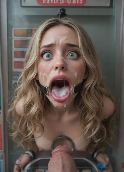 (40 years adult), (woman is stuck with her hips in a round hole with metal rim in a vending machine), (her bust is protruding from a round hole in the front of the vending machine:1.5), (stuck in hole with metal rim:1.3), (vending machine at night, slot for payment), (wide mouth spreader ring gag, gaping mouth:1.5), (leaning forward), (embarrassed, ashamed), (pleading expression:1.2), (terrified:1.6), (crying), (fear and panic:1.2), (box is low mounted, close to floor), (score_9, score_8_up, score_7_up, UHD 8K, masterpiece, best quality, maximum details, natural light, extreme realism, cinematic still), (huge penis:1.4), (she stares at erect penis in front of her face:1.3), (POV from above, she is looking up to viewer, submissive), (POV man standing and looking down, man stroking his big dick:1.1), (arms restrained to wall), (her arms left and right flat against the wall, multiple iron rings fixing her stretched arms against the wall:1.5), (POV standing man, looking down on her:1.2), (mouth wide open), (dirty blonde Swedish woman, freckles, tanned), (tan lines), (iron rings restrain her arms to vending machine), (her arms are spread eagle against vending machine:1.8), (arms restrained with iron rings:1.8), (free-standing vending machine), (her face is covered in cum:1.6), (cum in er mouth:1.1), (bukkake, facial:1.3), (freckles, skin impurities), (transparent liquid:1.2), (realistic cum), (wet face:1.2), (oily skin:1.5), (stuck with hips in a round hole with metal rim:1.6), (long blonde hair, elegantly styled hair, long wavy hair:1.5), (eyes wide open in horror:1.3), (her mouth serves only one purpose), (she's got a new job, she's a public cum dumpster), (pink glossy lips:1.3), (shocking pink lips, pink lipstick:1.5), (eerie lighting:1.3), (smeared lipstick:1.3), (shocking pink bandana)