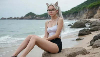 A young Asian girl of 22 years old with long white hair pulled back in two ponytails, tall, full-length, slender, skinny, long legs, pretty face, cat ears, green eyes, white semi-transparent top, short black shorts, thin-rimmed glasses, beach, ocean, sitting on the shore in a seductive pose