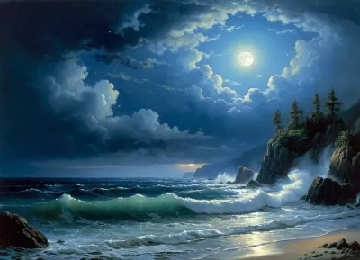 A stormy night. The last wave agitated the sea. It's boiling furiously. The waves break on the rocks in a rapid run. Terrible shaggy clouds are racing across the sky. The moon peeked through the clouds and illuminated the sea and the distant rocky shore. Moonlight flickered like diamonds on the lace of foam. The onset of the enlightenment of nature brings a stream of peace to the "last clouds of the scattered storm" running across the sky.Usually very quick at work, Aivazovsky painted this painting in such a way that it reflected his state of mind, in order to depict the halo of moonlight, he danced around it with a round brush the smallest splashes of light paint, the same as the moon itself.The rocky mountains are written differently, on which almost no moonlight falls. They are depicted as dark generalized masses, with a thicker tone than the sky. The sparse detailing of their shapes still makes it possible to distinguish steep cliff breaks, crevices in the mountains and a stone scattering at their foot on the surf edge. The sea in the part where the moonlight does not penetrate is also written very widely. The waves, breaking on the coastal cliffs, permeated by moonlight, acquire a phosphorescent hue.