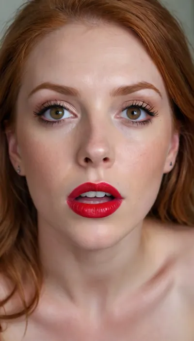 Hyperrealistic photo of a beautiful girl next door type woman in her 20s, ginger haired, she is knealing, looking up at the viewer atban angle of 45 degrees upward, with foxy eyes. She is surprised by the cumload. She is wearing red lipstick or lip gloss. She is covered in cum on her face and lips following a blowjob.Her hair is loosely tied up, messy from the blowjob she has just given. She is a uk size 14. 38d breasts, barely managing to stay in her dress.Image style-explicit, her make up is ruined and messy.