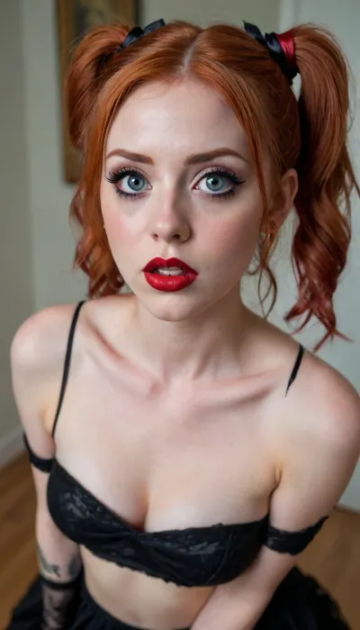 Hyperrealistic ahegao photo of a beautiful gothic next door type woman in her 20s, ginger haired, she is knealing, looking up at the viewer at an angle of 45 degrees upward, with gorgeous big eyes. She is surprised. She is wearing red lipstick or lip gloss. Her hair is loosely tied in pigtails, Her hair is slightly bedraggled. Image style-explicit, her make up is ruined and messy. She is wearing a tight dress, flattering her curves. Ahegao pose