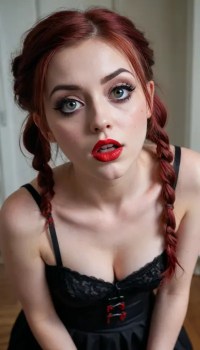 Hyperrealistic ahegao photo of a beautiful gothic next door type woman in her 20s, auburn haired, she is knealing, looking up at the viewer at an angle of 45 degrees upward, with gorgeous big eyes. She is surprised. She is wearing red lipstick or lip gloss. Her hair is loosely tied in pigtails, Her hair is slightly bedraggled. Image style-explicit, her make up is ruined and messy. She is wearing a tight dress, flattering her curves. Ahegao pose