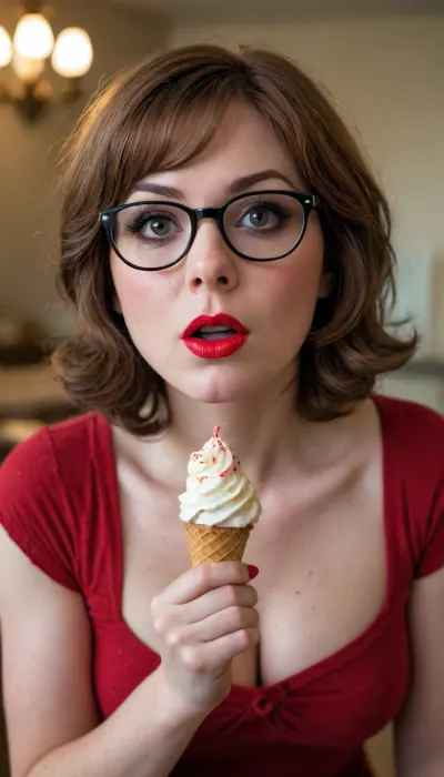 Hyperrealistic photo of a velma lookalike aged in her 30s, she has very freckled skin, she is knealing, looking up at the viewer at an angle of 45 degrees upward, with gorgeous big eyes. She is sucking on her ice cream seductively. She is wearing smudged red lipstick or lip gloss, Her hair is slightly bedraggled. her make up is ruined and messy. She is wearing a tight shirt, flattering her curves.