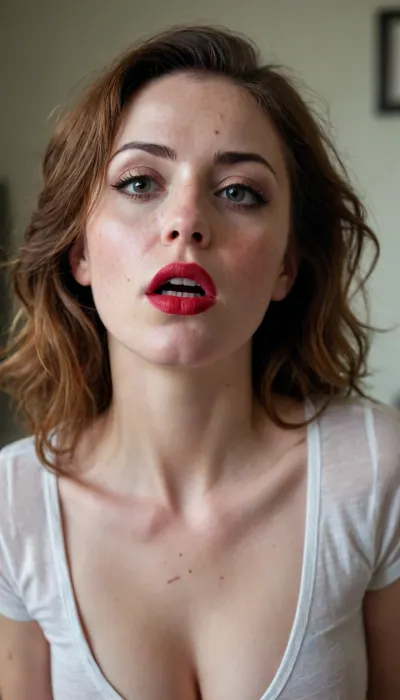 Hyperrealistic photo of a woman aged in her 30s, she has very freckled skin, she is knealing, looking up at the viewer at an angle of 45 degrees upward, with gorgeous big eyes. She is taking part in a 'beautiful agony masturbation' style photoshoot. She is wearing smudged red lipstick or lip gloss, Her hair is slightly bedraggled. her make up is ruined and messy. She is wearing a tight shirt, flattering her curves.