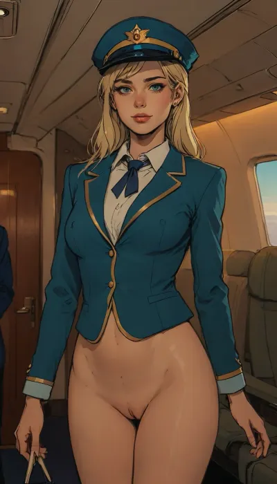 Aeroflot flight attendant, smiling, set in an airplane, POV, blue flight attendant uniform with gold trim, (blue blazer), (white blouse), (no skirt), (no panties), (tight pussy), little blue hat, Russian, blonde, Source_anime, (A detailed pencil drawing with clean lines and meticulous shading, flat colors, line art, no gradients, blue and green palette), realistic anatomy, drawing have delicate shading and intricate details, lineart, <lora:Moebius (Jean Giraud) Style:1.1>, <lora:sketch_it:.8>, <lora:lineartSDXL:1.1>, <lora:ratatatat74-000050:1.1>