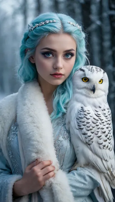 20000421.0, (((Very Petite girl))), A striking fantasy portrait of an elegant woman with ice-blue hair, her piercing eyes lined with shimmering blue makeup. A majestic snowy owl perches on her shoulder, mirroring her gaze with its own deep, intelligent eyes. She wears a luxurious faux-fur coat in a matching cyan hue, blending seamlessly into the cool-toned background. The soft lighting and icy atmosphere give the image an ethereal, mystical quality, as if she belongs to a world of winter magic and hidden…