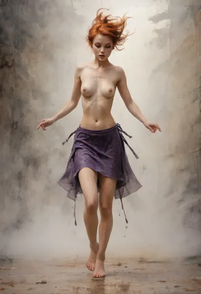watercolors painting, Slim female model, redhead, dark purple leather mini skirt, (topless:2), no bra, large gold earings, dancing a hot waterdance in a large open pound, fog waterfall background, anatomically correct, <lora:InkWashpainting:.8>