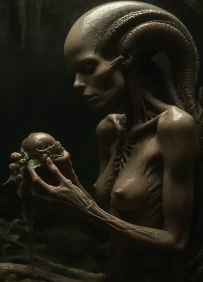 Rating_explicit, nudity, NSFW, Masterpiece, (alien floral-humanoid female holding worm-flower corpse in her clawed hands:1.7), bioluminescent petal-hair, bark-like skin with weeping sap-tears, thorny vines instead of limbs, fungal growths on joints, flesh-forest biome, pulsating meat-trees with vein-like lianas, mucous-covered ground emitting vapor, parasitic flowers sucking spinal fluid from calcified corpses, dark enviroment, dim phosphorescent light, luminescent rotting pods, dense fog, high humidity with slime droplets, decaying colors, (ochre/moss/yellow palette), H.R. Giger meets Zdzisław Beksiński style, macro photography realism, subsurface scattering on slime, cinematic depth, 8K detail, cinematic lightning, 8K resolution, detailed face, style, H., R., Giger, Slimy swamps, giant slime mushrooms, soft tentacle sex, liquid dripping, <lora:tbh295-sdxl:.8>