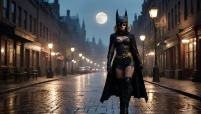 Lynx, villain, Gotham street. The image shows a girl dressed in a Batman-like costume walking down the street. She is wearing a tight black textured costume, a mask with ears, gloves, and a cape fluttering behind her. Around her waist is a gold belt with a buckle. On her feet are high boots with decorative elements.

The girl is standing on a city street paved with cobblestones that reflect the light. On both sides of the street are buildings with burning lanterns, the light of which is also reflected on the wet surface. In the background, a full moon is visible in the sky, creating a mystical atmosphere. Parked cars can be seen in the distance.

The overall color scheme of the image is blue and black, with accents of light from the moon and lanterns., 1girl, Gotham, street, moon, tas-art-style, gotham-city, cityscape, red, sky, sunset, night, city, lights, <lora:Gotham_Villains_Series_Lynx:.8>, horror, scene, dark, glowing, eyes, rooms, girl, kitchen, gore, <lora:3cfdf102b8e09e99ae7eb77b194d9459:.8>