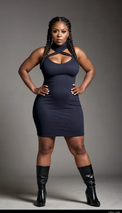 Full body view of a ln extremely dark black skin 55 year old african american woman with thick braided hair and enormously massive breasts and thick bbw hips and legs with an angry expression and very thick plump lips wearing an extremely short sleeveless cotton turtleneck dress with a cleavage cutout and very tall thigh high boots