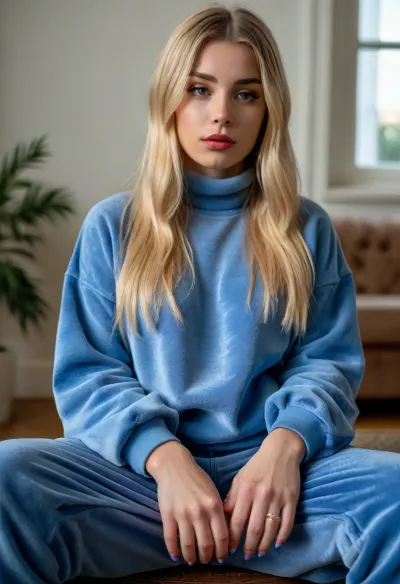 1 swiss 30yo woman, rapper, film charakter Valmira, (she wears a baggy mid blue velvet sweatshirt and velvet sweatpants:1.4), sits indoors in a luxury apartment, (longest dyed blonde straight hair, middle parting with dark hairline:1.2), grey eyes, full lips, pointed nose and chin, medium natural tits, rings on the fingers, long fingernails, pearl necklace with large pearls around the neck, <lora:681678_training_data:.5>, <lora:SDXLHighDetail_v6-000005:.5>, <lora:style_lora_realis:.5>