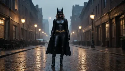 Lynx, villain, Gotham street. The image shows a girl dressed in a Batman-like costume walking down the street. She is wearing a tight black textured costume, a mask with ears, gloves, and a cape fluttering behind her. Around her waist is a gold belt with a buckle. On her feet are high boots with decorative elements.

The girl is standing on a city street paved with cobblestones that reflect the light. On both sides of the street are buildings with burning lanterns, the light of which is also reflected on the wet surface. In the background, a full moon is visible in the sky, creating a mystical atmosphere. Parked cars can be seen in the distance.

1girl, Gotham, street, moon, tas-art-style, gotham-city, cityscape, red, sky, sunset, night, city, lights, <lora:Gotham_Villains_Series_Lynx:.8>, horror, scene, dark, glowing, eyes, rooms, girl, kitchen, gore, <lora:3cfdf102b8e09e99ae7eb77b194d9459:.8>, supermodel, face, big, lips, <lora:Beautify-Supermodel-SDXL:.8>, <lora:278488_training_data:.8>