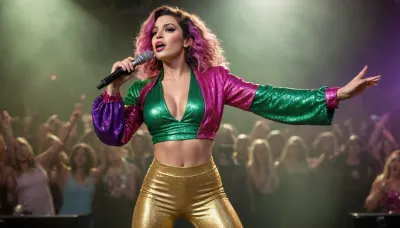 Ultra-detailed photo of one vibrant female pop star performing on stage, wearing a camamtoe, notch, eccentric, colorful glitter outfit with mismatched sleeves and leggings in pink, green, purple, and gold, cleaveg, holding a microphone, leaning forward passionately toward the cheering crowd, dynamic pose, highly detailed photorealistic face with perfect proportions, expressive eyes, natural skin texture with realistic lighting and shadows, glossy lips, subtle makeup, detailed hair strands with natural shine, ultra-detailed body with realistic muscle tone and proportions, cinematic stage lighting and fog in the background, large visible audience with raised hands in the foreground, cinematic concert atmosphere, sharp details, high contrast, vibrant colors, photorealistic, 8k resolution, depth of field