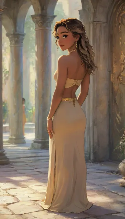 A stunning female fantasy warrior with smooth medium-brown skin, soft almond-shaped eyes, full lips, and defined cheekbones. She has long, voluminous golden-blonde wavy hair cascading down her back. She wears a Grecian-inspired beige outfit, a halter-style crop top with a twisted front, gold trim, and a metallic ring at the center. Her high-slit beige maxi skirt features a shimmering gold waistband. Gold ribbon arm wraps spiral from her wrists to her upper arms. She stands confidently in gold high heels. The scene is set in an ancient marble courtyard with broken columns and soft golden sunlight. Realistic style, full body, front and back views, cinematic lighting, fashion-fantasy aesthetic, realistic, 4K, fantasy costume design, editorial lighting, soft focus background, golden hour lighting, highly detailed. High fantasy, ultra-detailed digital illustration, best quality, 8k, insane details, intricate details, hyperdetailed, hyper quality, high detail, ultra detailed, professional, HDR, ray tracing reflection, highlydetailedbody, realisticface, highlydetailedhair, insanelydetailed, 8K.highdetailedskin, highresolution, perfectfingers, (j_cartoon:1.5), Drawing, perfect anatomy, tyxla, <lora:tyla_juggerX_xl_1_st_wocap-tyxla-000086:1>, <lora:SDXLHighDetail_v6-000005:.8>, <lora:samdoesarts1.1-000030:.4>, <lora:J_cartoon:.3>