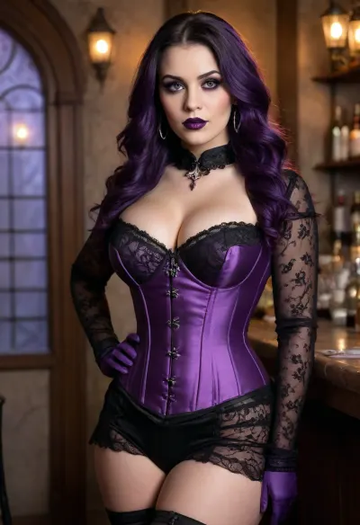 ((confident and gorgeous gothic bbw:1.3), 25 years), standing, (outside a medieval stone bar at night:1.2), wet cobblestone street reflecting neon lights, (((massive huge firm boobs:1.6)), hips, super waist, perfect anatomic body, (extremely large ass:1.6)), ((hair:1.5), long, straight, deep violet, silky shine, fine hair strands visible), ((skin:1.4), pale, smooth, soft light reflections on cheekbones), ((corset dress:1.4), deep violet velvet with intricate black lace trim, sheer layered skirt revealing lace stockings, realistic fabric folds and stitching), (black lace gloves, delicate embroidery details, subtle transparency), ((collar:1.6), amethyst necklace, gemstone glow with metallic reflections, photorealistic gemstone refraction), (tattoo on upper thigh, intricate gothic rose design in deep purple and black, skin texture visible), (perfect makeup, long eyelashes, dark mascara, thin black eyebrows, subtle smoky purple eyeshadow, realistic skin pores), (big nose ring and ear ring with metallic shine), ((purple lips with glossy finish)), subtle natural wrinkles on lips, ((posture:1.5), standing confidently, hand on hip, legs slightly apart, direct gaze with catchlight in eyes), (bar with purple neon sign:1.2), realistic light glow and reflections on surrounding walls, (mystical skulls or ornaments around:1), (candles on the window ledge:1), (slight fog:1), atmospheric depth and soft bokeh background, ((photorealistic lighting:1.4)), volumetric light rays through fog, ((realistic textures:1.4)), accurate fabric, skin and hair detail, ((cinematic moody lighting:1.3)), natural shadows and highlights, (ultra-detailed:1.4), (sharp focus:1.4), (high resolution:1.3), hips, narrow, waist, elegant curves