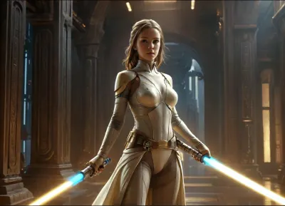 Raiting_explicit, upper body view on a female automaton inspired by Metropolis, (1927), (((dressed as a Jedi Temple Guard))), ((mask of Jedi Temple Guard just in her face)), (((wide bronze belt adorned high on the waist))), caught mid-motion in a sexual pose, ((fullbody)), ((right arm extended forward holding the lightsaber hilt)), ((left hand open and raised at waist height)), ((((a small luminous blue cube levitating above her left hand)), ((she holds the hilt of her ambear lightsaber hilt in her right hand)))), mechanical body of golden bronze, back arched, buttocks prominently emphasized, elegant curves, dynamic twist of the torso, upper body turned to the side, sleek art-deco plating, glowing seams, dramatic rim lighting, thick stage smoke, industrial gears and steam pipes in the background, spotlights casting long shadows, ornate metal stage, sepia tone, retrofuturistic atmosphere, photorealistic style, artdecopostsdxl, poster, a, movie, frame, of, in, the, style, sin-city, mshn, robot, 7-TempleGuard, Holding, lightsaber, (side view), ((close up in the cube)), levitating cube, <lora:artdecopostsdxl:.8>, <lora:sin-city-sdxl-v1-000050:.8>, <lora:MJ52:.8>, <lora:Temple Guard v1.0:1.3>, Levitating, Cube, page, <lora:Levitating Cube:.8>