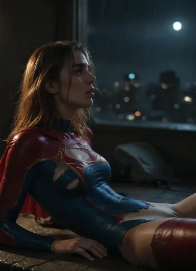 RAW image, Canon EOS R3, DSLR photo, 8k, best quality, (masterpiece:1.1), (realistic, photo-realistic:1.2), ultra high res, ((muscular), (fit and muscular)), backlight, (18 year old woman, redhead, beautiful), (woman's face post-orgasm:1.2), (close view of face:1.3), (wet hair), rain, ((rainy weather)), a dark raining city rooftop, ((rooftop)), ((toned shiny sexy supergirl, full-body catsuit)), (shiny catsuit), (ultra-thin catsuit material), (red platform boots), (on back with legs spread on a dark Skyscraper roof), sprawled on back, (head turned and laying on the ground), (body arched over broken and crushed metal rooftoop air-conditioner), (broken rooftop pieces laying around), (lying on top of wreckage), (side view near face), (mouth hanging open, vacant stare, eye roll:1.3), (watery cum is flowing from the pussy:1), (magically glowing blue cum:1), jizzed, ((night, rain)), (torn clothes, revealing clothes:1.2), <lora:BUT_SDXL_SHS:.6>, <lora:add-detail-xl:.6>, <lora:DetailedEyes_V3:.5>, <lora:dark:.3>