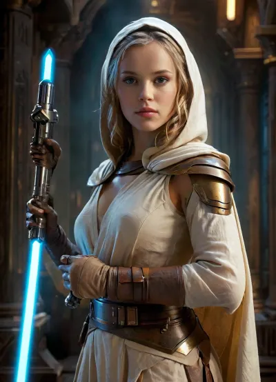 (Masterpiece), Raiting_explicit, upper body view on a female automaton inspired by Metropolis, (1927), (((dressed as a Jedi Temple Guard))), ((wears an old beige linen tunic with a hood)), ((mask of Jedi Temple Guard just in her face)), (((wide bronze belt adorned high on the waist))), caught mid-motion in a sexual pose, ((fullbody)), ((right arm extended forward holding the lightsaber hilt)), ((left hand open and raised at waist height)), ((((a small luminous blue cube levitating above her left hand)), ((she holds the hilt of her ambear lightsaber hilt in her right hand)))), mechanical body of golden bronze, back arched, buttocks prominently emphasized, elegant curves, dynamic twist of the torso, upper body turned to the side, sleek art-deco plating, glowing seams, dramatic rim lighting, thick stage smoke, industrial gears and steam pipes in the background, spotlights casting long shadows, ornate metal stage, sepia tone, retrofuturistic atmosphere, photorealistic style, artdecopostsdxl, poster, a, movie, frame, of, in, the, style, sin-city, mshn, robot, 7-TempleGuard, Holding, lightsaber, (side view), ((close up in the cube)), levitating cube, <lora:artdecopostsdxl:.8>, <lora:sin-city-sdxl-v1-000050:.8>, <lora:MJ52:.8>, <lora:Temple Guard v1.0:1.3>, Levitating, Cube, page, <lora:Levitating Cube:.8>