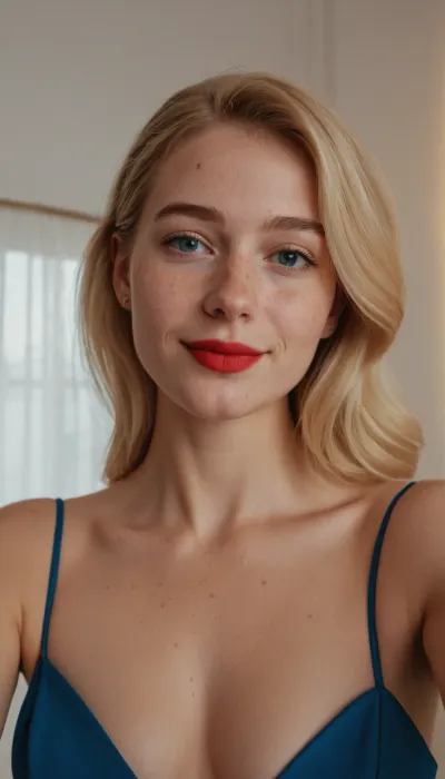 22 years old German woman, taking a selfie, wearing a blue dress, white and pale skin, slim nose, blond hair, small sagging breasts, robust body, embarrassed smile, red lips, minimalist white luxury room, freckles, molar on cheek, 3/4 body view, rhinoplasty, hyper realistic photo, full hd, 8K