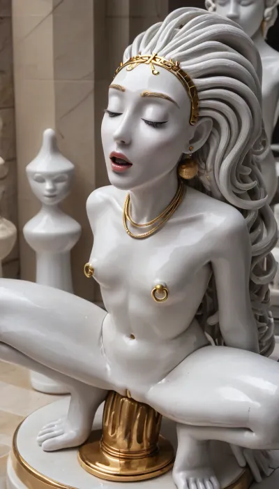 1 white ceramic porceline statue solo, 22 year old skinny female statue, closed eyes, (gold metal hair:1.5), made of porceline, ((detail she has fine white ceramic porceline skin:2), (detail white ceramic porceline female girl statue:1.1)), full body view, squatting, naked, intense excited expression, (detail huge gold metal nipple ring:1.2), white ceramic porceline, femal masturbation, head back, open mouth, ((focus detail decorative golden anal dildo:1.5)), (All white ceramic porceline girl), (flatchest), (skinny), (white porceline skin:1.5), high view, white ceramic porceline girl, d3qck, artstyle, <lora:d3qck artstyle:2>