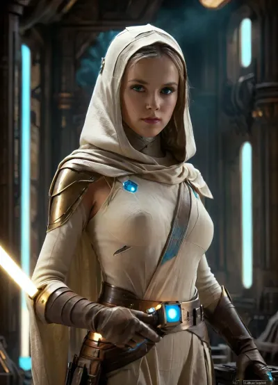 (Masterpiece), Raiting_explicit, upper body view on a female automaton inspired by Metropolis, (1927), (((dressed as a Jedi Temple Guard))), ((wears an old beige linen tunic with a hood)), ((mask of Jedi Temple Guard in her face)), (((wide bronze belt adorned high on the waist))), caught mid-motion in a sexual pose, ((fullbody)), right arm extended forward holding the lightsaber hilt, ((left hand open and raised at waist height)), ((((a small and blue luminous levitating cube above her left hand)))), ((she holds the hilt of her ambear lightsaber hilt in her right hand)), mechanical body of golden bronze, back arched, buttocks prominently emphasized, elegant curves, dynamic twist of the torso, upper body turned to the side, sleek art-deco plating, glowing seams, dramatic rim lighting, thick stage smoke, industrial gears and steam pipes in the background, spotlights casting long shadows, ornate metal stage, sepia tone, retrofuturistic atmosphere, photorealistic style, artdecopostsdxl, poster, a, movie, frame, of, in, the, style, sin-city, mshn, robot, 7-TempleGuard, Holding, lightsaber, (view from above), ((ultra mega close up in the levitating cube)), levitating cube, <lora:artdecopostsdxl:.8>, <lora:sin-city-sdxl-v1-000050:.8>, <lora:MJ52:.8>, <lora:Temple Guard v1.0:1.3>, Levitating, Cube, page, <lora:Levitating Cube:.8>