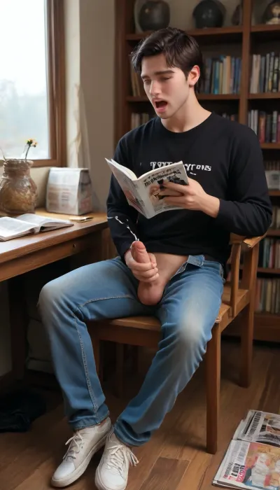 masterpiece, realistic, old man, gay, (male:1.1), dark hair with grey strands, 65 years old, happy moaning, mouth open, black tshirt, jeans open, cumshot, sitting at desk, wearing sneaker, (reading a gay porn magazine, masturbating:1.4), in old fashioned living room, penis visible, full body view, focus on penis, book shelves, <lora:MJ52:.8>