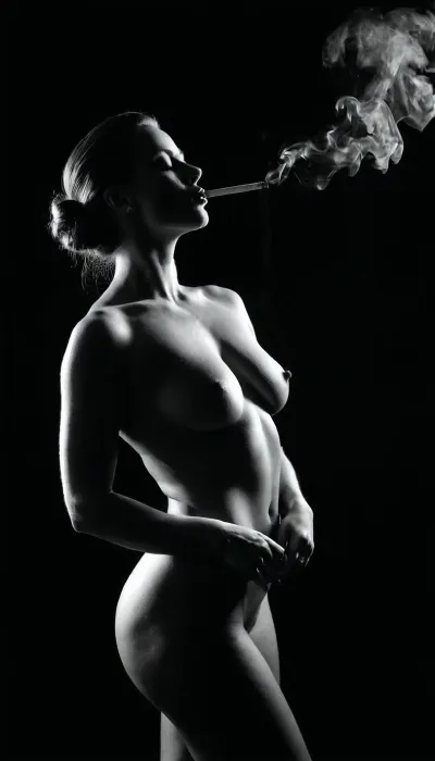 Sexy 30yo lady smoking a cigarette in noir ambience, fullbody, athletic, bulky, relief, muscles, feminine, nude, black background, black&white