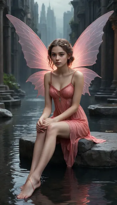 A young, light-skinned female fairy sits on a dark gray stone, dipping her toes into a shallow, dark-gray pool of water, as she gazes through a time portal at a vibrant, futuristic cityscape. Her sorrowful expression and posture convey melancholy and sadness. The fairy's wings, a delicate, stained pinkish-coral hue with darker edges, trail behind her, evoking a sense of fragility and sorrow. The painting style, dark and rich tones, is highly detailed, emphasizing the beauty and fragility of the ethereal being while simultaneously hinting at a sense of longing and quiet sorrow. The style could be compared to fantasy realism or hyperrealism. The overall mood is somber, with a focus on emotional depth and quiet contemplation. detailed matte painting, deep color, fantastical, intricate detail, splash screen, complementary colors, fantasy concept art, 8k resolution trending on Artstation Unreal Engine 5