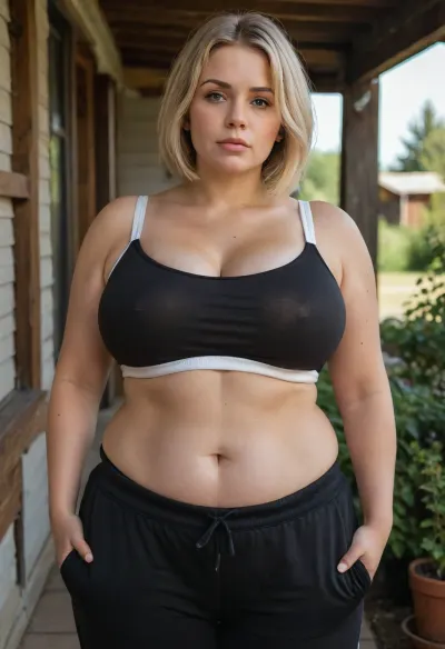 detailed photo, high quality, 4k, high resolution, Full-length photo, outside, country house, vegetable garden, old woman, elegant woman, a celullite, (45 years old woman), russian fat woman, (milf), sagging tits, mature wife, (huge sagging boobs), very fat woman, MILF, a fat woman, chubby legs, very fat ass, fat belly, huge saggy breasts, saggy breasts, cellulite, blonde, bob haircut, blonde hair, detailed face, round face, stern face, big eyes, small nose, plump cheeks, woman wearing sweatpants and bra, (black sweatpants), (white sport bra), woman standing, 4ng3l, face, <lora:SDXL_BetterFaces-LoRA_v1:1.4>