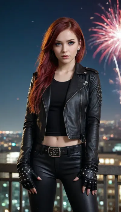 masterpiece, best quality, highres, absurdres, very awa, 1girl, solo, defnlu, red hair, low twintails, sidelocks, parted bangs, blunt bangs, biker clothes, long sleeves, black jacket, black belt, jewelry, earrings, leather, (spikes), midriff, flame print, bandana, black bandana, fireworks, aerial fireworks, outdoors, crossed arms, aqua eyes, very long hair, black gloves, leather jacket, open jacket, black pants, east asian architecture, fingerless gloves, torn pants, night, night sky