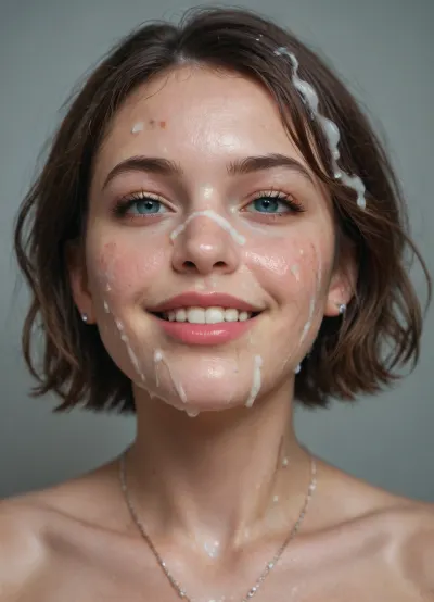Smiling bellezza nuda con sperma gocciolante sul suo viso e capelli
