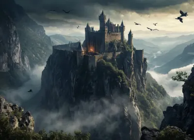 mountains, dark fantasy, fortress on a rock, birds in the sky, gorge, beautiful landscape, fog, high detail, masterpiece, elaborate lighting, gothic style, partial destruction, towers