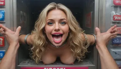 (40 years adult), (very happy:1.5), (she hold her thumbs up:1.5), (woman is stuck with her hips in a round hole with metal rim in a vending machine), (her bust is protruding from a round hole in the front of the vending machine:1.5), (stuck in hole with metal rim:1.3), (vending machine at night, slot for payment), (wide mouth spreader ring gag, gaping mouth:1.5), (leaning forward), (wide smile:1.5), (she needs it, pleading expression:1.2), (box is low mounted, close to floor), (score_9, score_8_up, score_7_up, UHD 8K, masterpiece, best quality, maximum details, natural light, extreme realism, cinematic still), (huge penis:1.4), (she stares at erect penis in front of her face:1.3), (POV from above, she is looking up to viewer, submissive), (POV man standing and looking down, man stroking his big dick:1.1), (upper body restrained to wall), (POV standing man, looking down on her:1.2), (mouth wide open), (dirty blonde Swedish woman, freckles, tanned), (tan lines), (iron rings restrain her upper arms to vending machine), (her arms are spread eagle against vending machine:1.8), (arms restrained with iron rings:1.8), (free-standing vending machine), (her face is covered in cum:1.6), (cum in her mouth:1.1), (bukkake, facial:1.3), (freckles, skin impurities), (transparent liquid:1.2), (realistic cum), (wet face:1.2), (oily skin:1.5), (stuck with hips in a round hole with metal rim:1.6), (long blonde hair, elegantly styled hair, long wavy hair:1.5), (eyes wide open in awe:1.3), (her mouth serves only one purpose), (she's got a new job, she's a public cum dumpster), (pink glossy lips:1.3), (shocking pink lips, pink lipstick:1.5), (eerie lighting:1.3), (smeared lipstick:1.3), (thick bimbo botox lips:1.5)