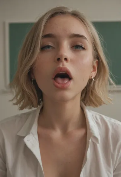 19 year old, nice firm tits, very horny face, in a classroom, mouth open a drooling