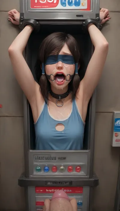 ((Avatar korra)), (the legend of korra), (cute girl is stuck with her hips in a round hole with metal rim in a vending machine), (collar around her neck, chained to the vending machine), (She is wearing tribal water tribe clothes), (her bust is protruding from a round hole in the front of the vending machine:1.5), (stuck in hole with metal rim:1.3), (vending machine at night, slot for payment), (wide mouth spreader ring gag, gaping mouth:1.5), (Visible ring gag), (leaning forward), (exhausted:1.6), (terrified), (running makeup), (crying), (box is low mounted, close to floor), (score_9, score_8_up, score_7_up, UHD 8K, masterpiece, best quality, maximum details, natural light, extreme realism, cinematic still), (huge penis:1.4), (she stares at a huge erect penis infront of her face:1.3), (POV from 2 meters away, she is looking at the viewer, submissive), (arms restrained to wall), (her arms left and right flat against the wall, multiple iron rings fixing her stretched arms against the wall:1.5), (POV standing man, holding her head tightly:1.2), (mouth wide open), (iron rings restrain her arms to vending machine), (her arms are spread eagle against vending machine:1.8), (arms restrained with iron rings:1.8), (free-standing vending machine), (her face is covered in cum:1.6), (cum in her mouth:1.1), (bukkake, facial:1.3), (freckles, skin impurities), (transparent liquid:1.2), (realistic cum), (wet face:1.2), (oily skin:1.5), (her mouth serves only one purpose), (she's got a new job, she's a public cum dumpster), (glossy lips:1.3), (shocking lips, lipstick:1.5), (eerie lighting:1.3), (smeared lipstick:1.6), ((She is crying in fear)), ((Eyes blindfolded)), Petite 18yo very tiny skinny girl