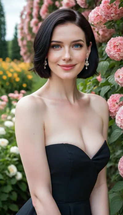 Elegant garden night: russian beauty in black strapless dress