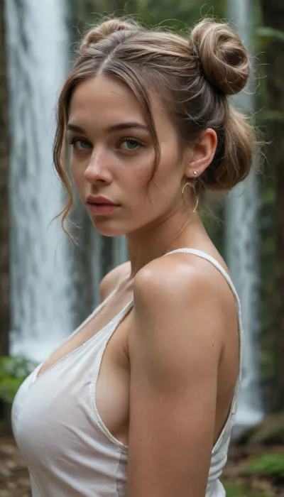 In the heart of a day with a kiss of sunshine, a hyper-realistic image captures attention. Pepa, a woman with part-dyed hair, brown at the roots and blonde at the ends, stands center stage. Her wide hips, tanned skin, and freckles are a testament to natural beauty. Her medium-length hair falls into loose buns, while her dangling waterfalls fall down over one shoulder. Her full lips curl into a expression, her green eyes glow with bad mood. Show off her big breasts, Proud of them