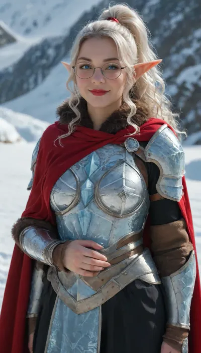 (25 middle years:2), (Snow Elf:1.4), (very white skin), (A single woman:1.5), (blue eyes:1.5), (Thin lips), (upturned nose), (ultra-realistic), (best quality), (best lighting), (fat body:1.6), (((wavy hair:1.4), (Ponytail:1.4), (long hair:.8), (white hair:1.4))), (big breast:1), (wide hip:1), (big thigh:1), (blush:1.3), (red lipstick:1), (black eyeliner:1), (slight smile), black big glasses, (Elf ear:1.4), Snowy mountain, (ice armor:2), (fur cape:1.4), (Brown fur:1.4), (red cape:1.2), (long cape:1.4), (Black jumpsuit:1), (armor skirt:1.4), black pant