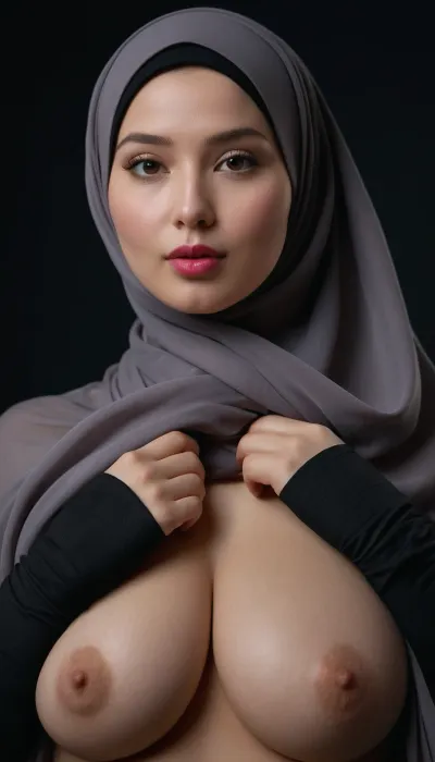 Dark grey background studio, Beautiful hijab lady, very beautiful, makeup, pink lipstick, pale skin, medium chubby, fake silicone saggy tits, asian, fully naked, thin slim panties, hands behind head, below view, focus pussy, virgin, hijab, scarf, jerseyseries, silkseries, parisseries, <lora:hijab-style:.8>