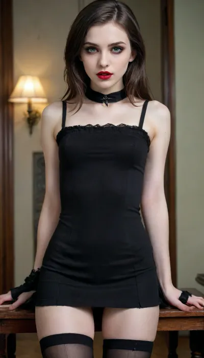 A vampire, petite student, stroking himself, Black long Stockings, Only black clothes, Skinny, Pale skin, ripped revealing clothes, goth, Small tits, full body view, Tinymodel, young, schoolgirl, pretty young, Young girls, 18 years old, perfect face, bright green eyes, cute, closeup, petite body, red lipstick, full body photo, beautiful face, anna, LYING, <lora:xl_more_art-full_v1:.4>, <lora:Anna:.4>