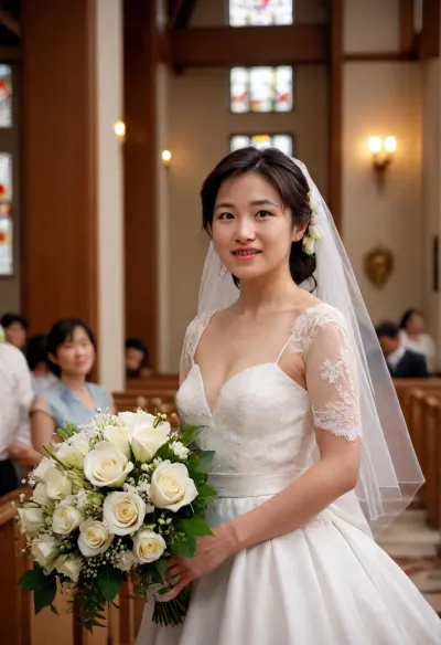 <lora:shihoActualJapaneseXL010:.9>, (masterpiece), (best quality), (photorealistic), 8k, ultra-detailed, shallow depth of field shiho, japanese woman, {in a grand cathedral with high stained-glass windows, in a modern minimalist wedding hall with tall white pillars, inside a traditional Japanese shrine with wooden beams, in an outdoor garden wedding under a floral arch, in a seaside chapel with wide glass walls}, {wearing a flowing white gown with a long train, wearing a lace dress with intricate embroidery, wearing a modern sleek satin dress, wearing a kimono-style bridal outfit with layered fabrics, wearing a gown adorned with delicate pearls and crystals}, {holding a bouquet of white roses, holding a bouquet of colorful seasonal flowers, holding a simple bundle of lilies, holding no bouquet, hands gently clasped together, holding a cascading bouquet with ivy and orchids}, {walking gracefully down the aisle, taking careful, slow steps with head slightly bowed, walking confidently with shoulders back, moving forward with subtle trembling hands, walking while gently glancing left and right at the guests}, {with a radiant smile of joy, with teary eyes full of emotion, with calm dignity and serenity, with a slightly nervous but determined expression, with eyes softly glowing with happiness}, {surrounded by rows of seated guests clapping softly, with family members and friends smiling warmly, with guests tossing flower petals gently in the air, with a sea of faces turned toward her in admiration, with the sound of soft music and whispered blessings}, {bathed in golden sunlight filtering through stained glass, illuminated by gentle candlelight, lit by bright spotlights along the aisle, glowing softly under natural daylight streaming in, highlighted by warm ambient lights creating a halo effect}.