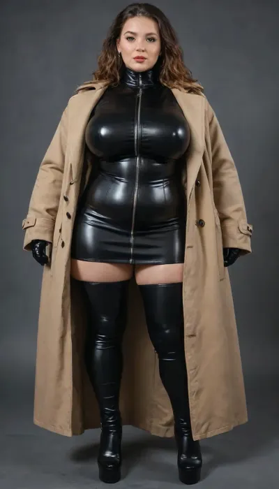 35years old Japanese Women, big busty boobs, BBW, Curve, full body shot, sleeves, small waist, large hips, (detailed, highres, best quality, 8k), detailed skin, perfekt body, (Vinyl-pvc Trenchcoat), black trenchcoat, Long trenchcoat, extra long Trenchcoat, leather overknee stilettos, (leather skirt), Dominatrix, Mistress, Leather, women, <lora:ddbed80d300fc052a067308ee10a095c:.8>, latex, matte, shiny, inflatable, <lora:shinylatex-merged:.8>