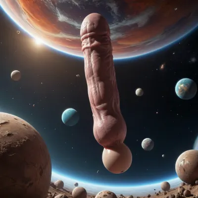 a giant erect penis and balls floating in space