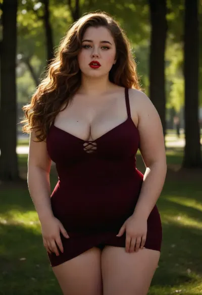 Chubby, curvy, chubby face, slut, (masterpiece, best quality), hourglass figure, detailed hair, detailed face, high quality photo, erotic, seductive, shadows, full body, very big breasts, long hair, red lipstick, freckles in face, in the park, belly, cut-out, dress, <lora:BT_Belly_Cut-Out_Dress_XL:.5>